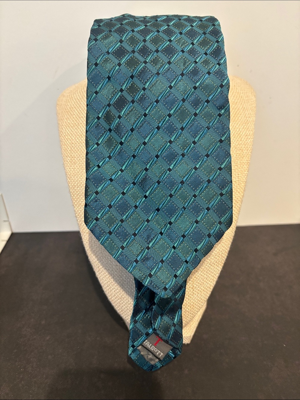 Vintage Robert Talbott for Bauman's Silk Tie Teal Blue Geometric Grid Mens Neckt